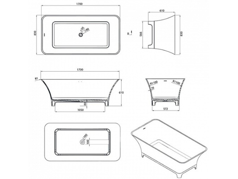 Купить Ванна из искусственного камня Aquanet Bloom Curve TC-S91 198944, 170 x 80 см, цвет белый матовый