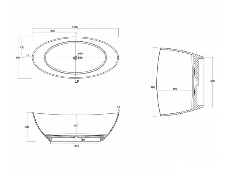 Купить Ванна из искусственного камня Aquanet Inspire TC-S52 198967, 180 x 90 см, цвет белый глянцевый