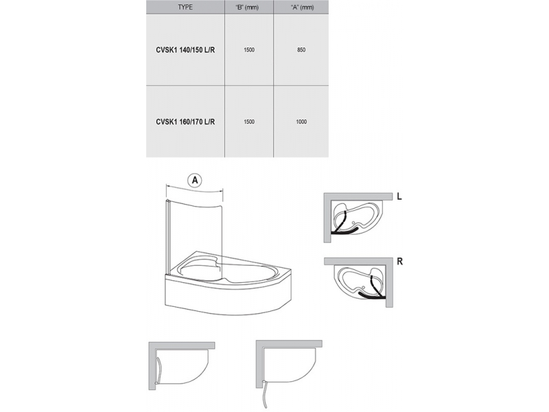 Купить Шторка на ванну Ravak Rosa CVSK1 140/150 левая/правая, профиль сатин, витраж транспарент, 7QLM0U00Y1/7QRM0U00Y1