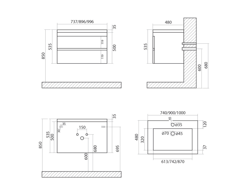 Купить Тумба под раковину Art&Max Family-1000-2C-SO-CV, 100 x 48 x 55 см подвесная, серый (Cemento Veneto)