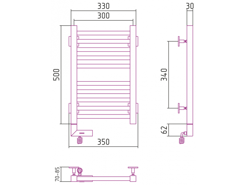 Купить Полотенцесушитель электрический Сунержа Модус 2.0 500 x 300, ширина 30 см, высота 50 см, МЭМ левый/правый, матовый белый