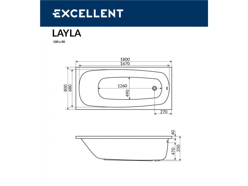 Купить Ванна акриловая Excellent Layla 180x80 WAEX.LAY18WH