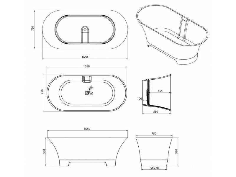 Купить Ванна из искусственного камня Aquanet Bloom Ellipse TC-S92 198953, 165 x 75 см, цвет белый матовый