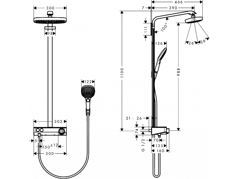 Купить Душевая система Hansgrohe Raindance Select E Showerpipe 300 2 jet 27126400 с кнопками управления, белый/хром