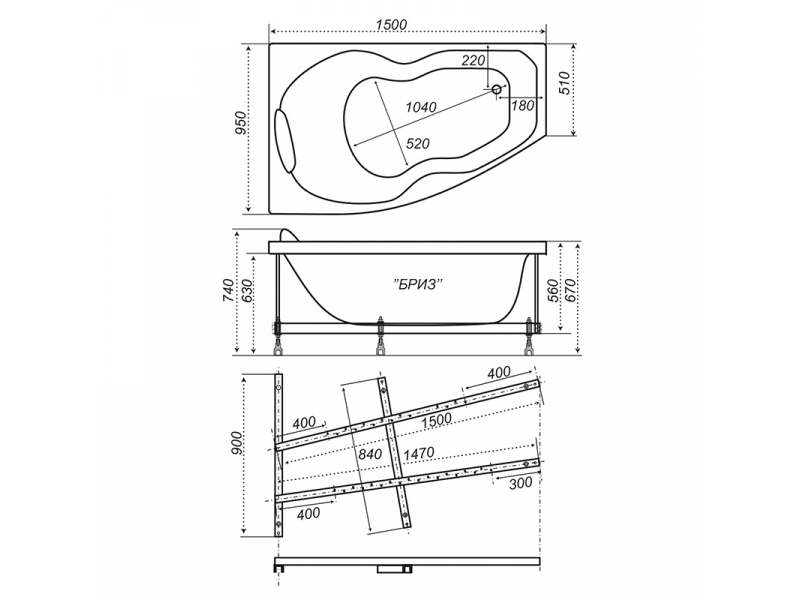 Купить Акриловая ванна Triton Бриз 150 х 95 см L/R с каркасом (Н0000000178/Н0000000179)