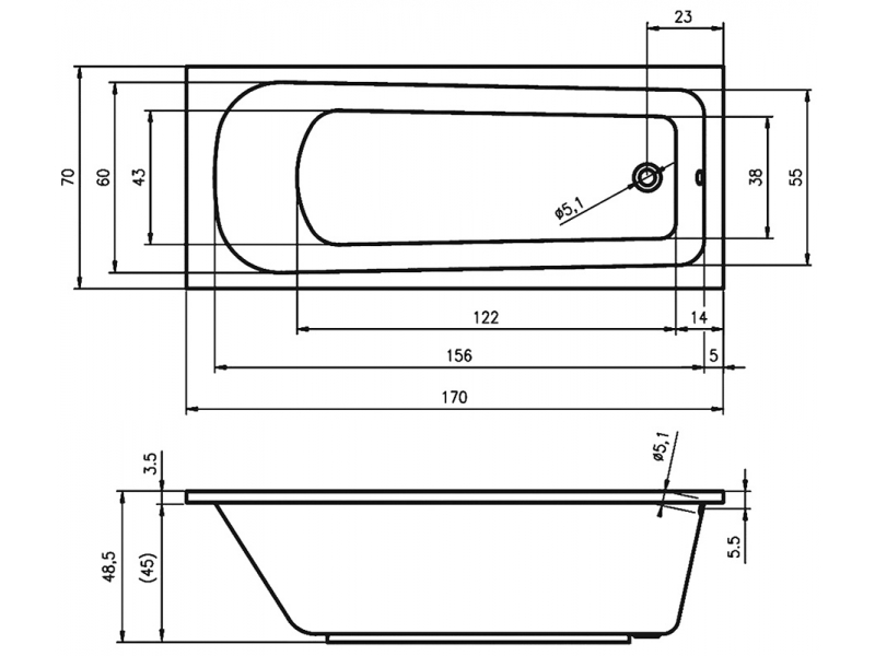 Купить Ванна акриловая Riho Orion 170 х 70 см (BC0100500000000)