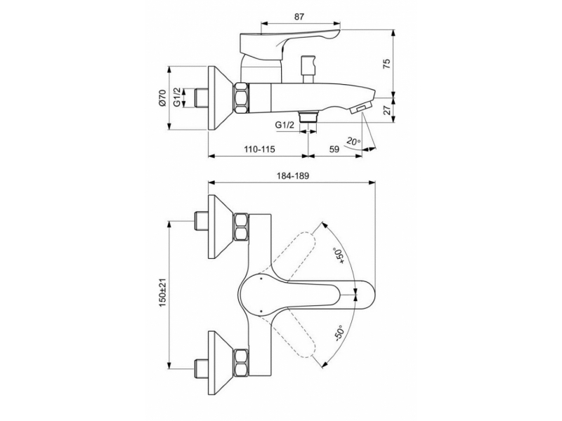 Купить Смеситель Ideal Standard Dot 2.0 настенный для ванны и душа, хром, BC326AA