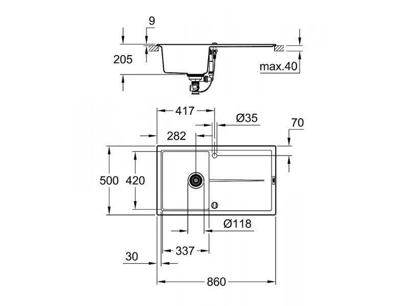 Купить Мойка кухонная из искусственного гранита Grohe K400, 31640AP0, 86 x 50 см, с корзинчатым фильтром и донным клапаном, черный гранит