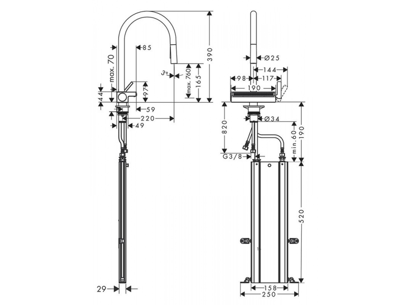 Купить Кухонный смеситель Hansgrohe Aquno Select M81, 73831670, ComfortZone 170, с вытяжным изливом, 3 режима струи, черный матовый