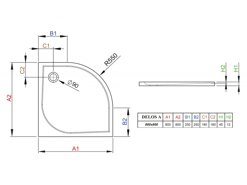 Купить Поддон для душа Radaway Delos A800, 80 x 80 см, четверть круга, SDA0808-01