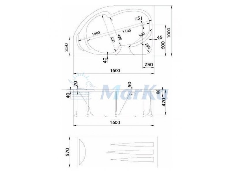 Купить Акриловая ванна 1MarKa Diana 160х100 R/L, асимметричная