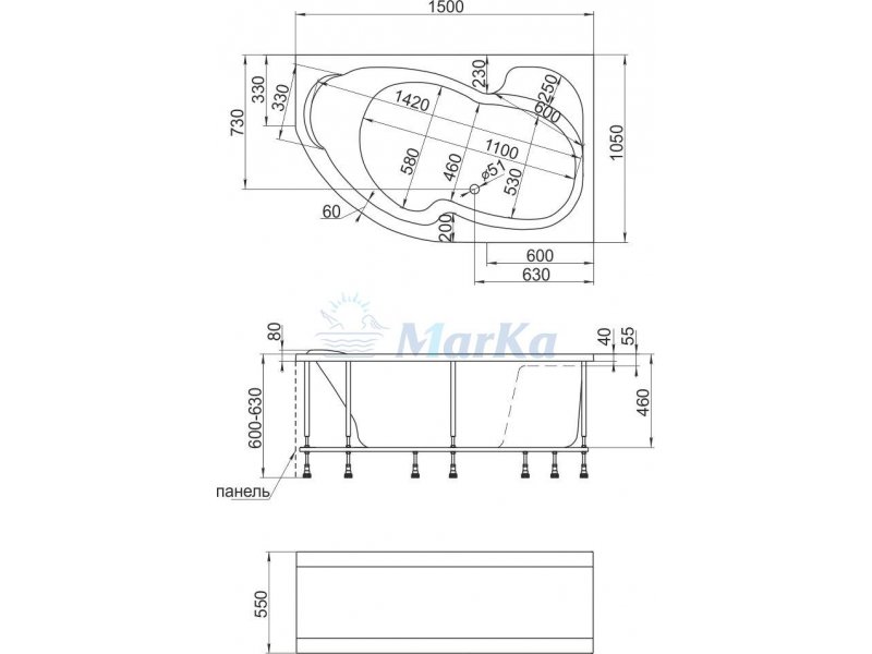 Купить Ванна 1MarKa AURA, асимметричная, левая/правая, 150 х 105 см