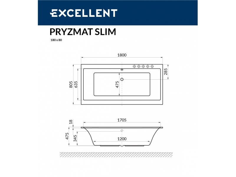 Купить Ванна акриловая Excellent Pryzmat Slim 180 х 80 см