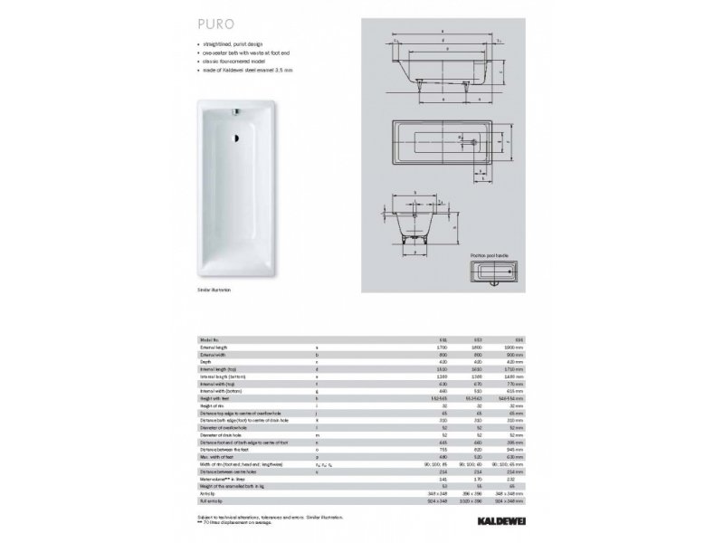 Купить Стальная ванна Kaldewei Puro мод. 696, 190 х 90 х 42 см, easy-clean, 2596.0001.3001