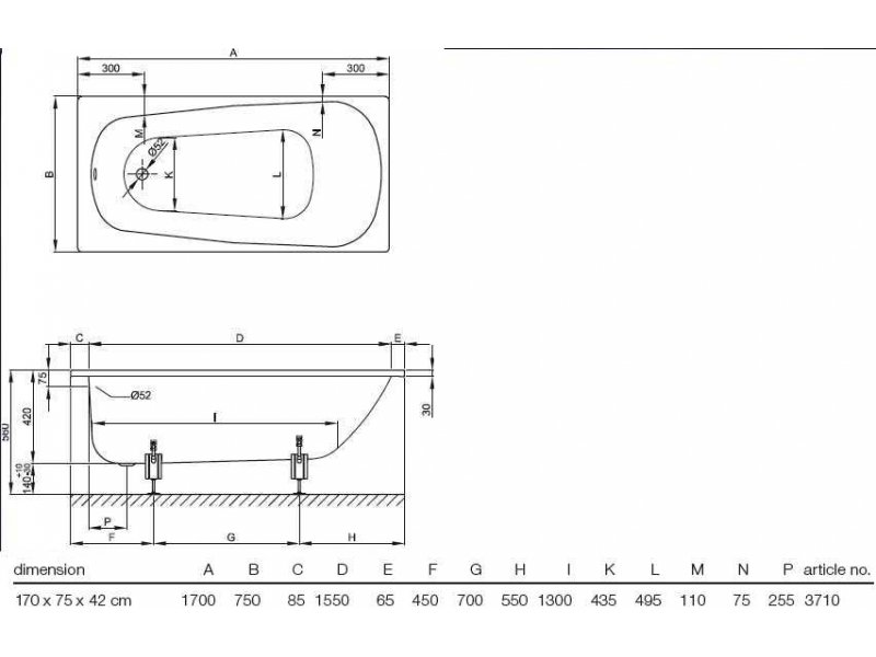 Купить Ванна Bette Form 3710-0002GR 170 х 75 см, белая с доп. отверстиями для ручек