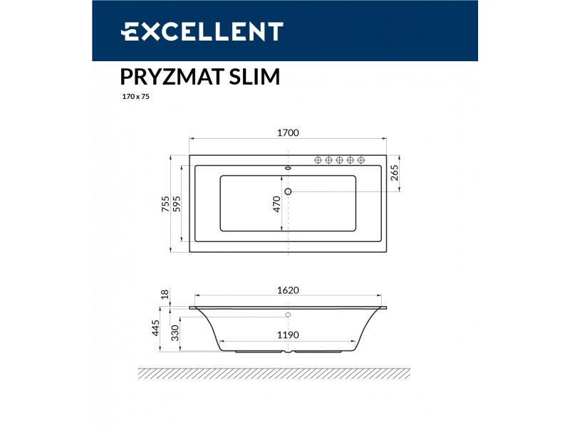 Купить Ванна акриловая Excellent Pryzmat Slim 170 х 75 см