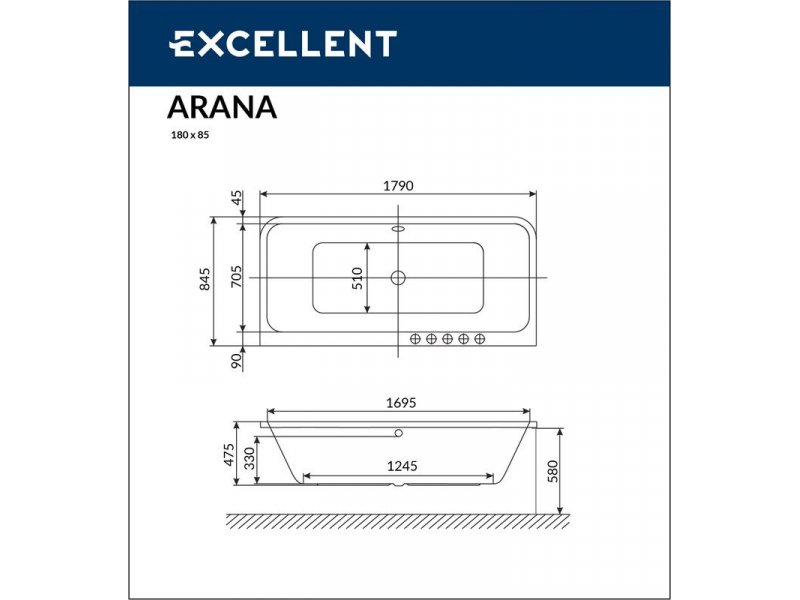 Купить Ванна гидромассажная Excellent Arana 180 x 85 см, SMART, хром, каркас в подарок