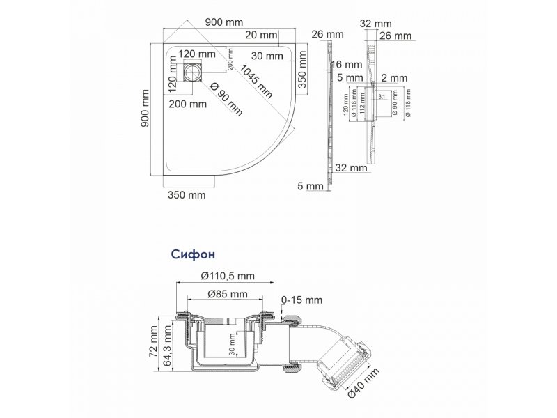 Купить Душевой поддон WasserKRAFT 74T01, четверть круга, 90 х 90 см, SMC (стеклопластик), черный