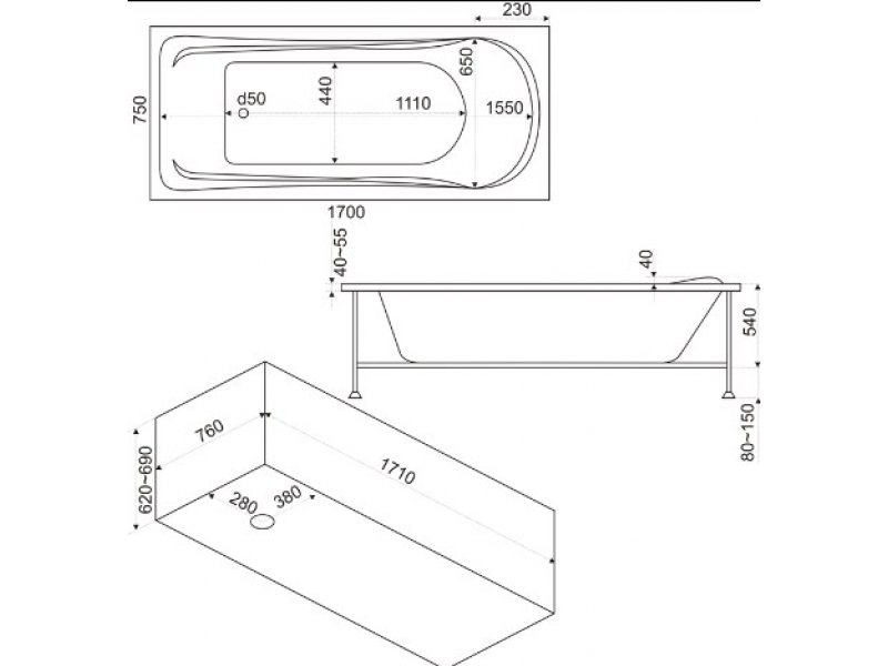 Купить Ванна Bas Мальта 170x75 с гидромассажем акриловая (ВГ00140/ВГ00141)