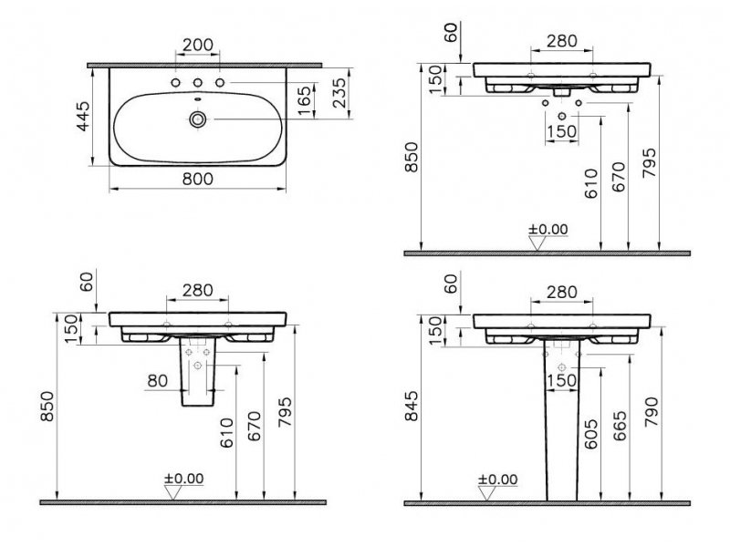 Купить Раковина Vitra Nest 5682B003-0033 80 см, подвесная, с 3 отверстиями, с переливом