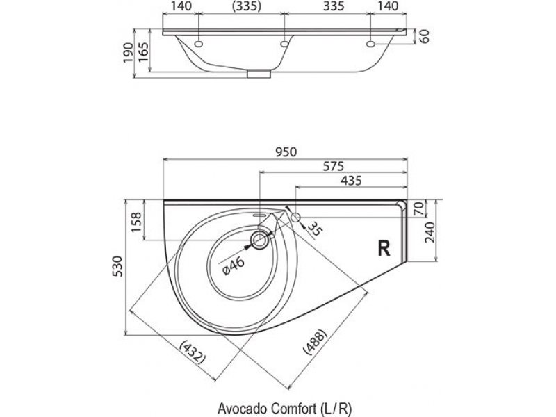 Купить Раковина Ravak Avocado Comfort, левая/правая, 95 x 53 см, белая, XJ9L1100000/XJ9P1100000