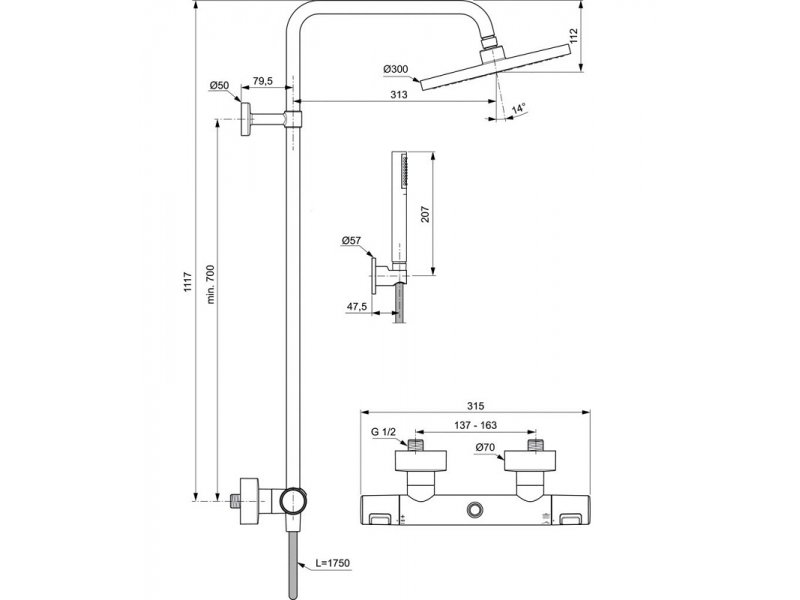 Купить Душевая система Ideal Standard Ceratherm T25 термостатическая, черный матовый, BC748XG