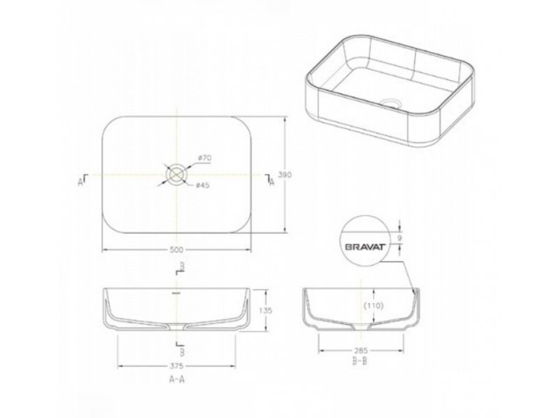 Купить Раковина Bravat Source C22250W-ENG 50 x 39 x 13.5 см накладная, прямоугольная, белый