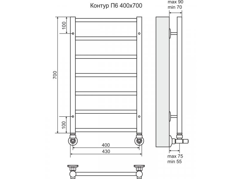 Купить Полотенцесушитель водяной Terminus Контур П6 400x700, ширина 43 см, высота 70 см, хром, 4660059582436