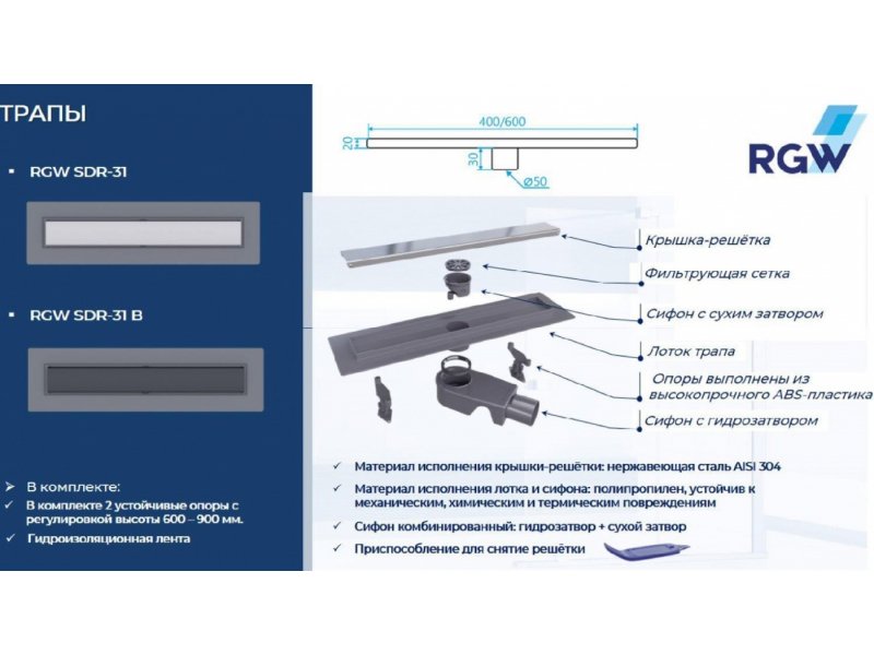 Купить Дренажный канал RGW Shower Drain SDR-31B, 60 см, решетка черная, 47213160-04