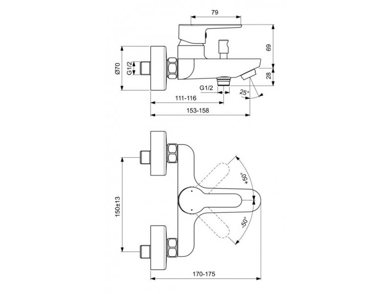 Купить Смеситель Ideal Standard Sesia настенный для ванны и душа, хром, BC208AA