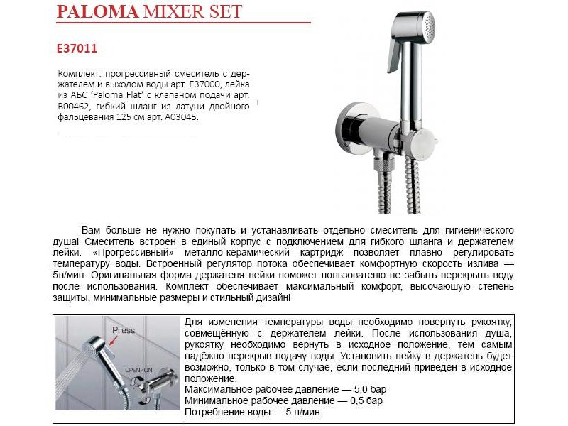 Купить Гигиенический душ Bossini Paloma Flat Mixer Set E37011.030, хром