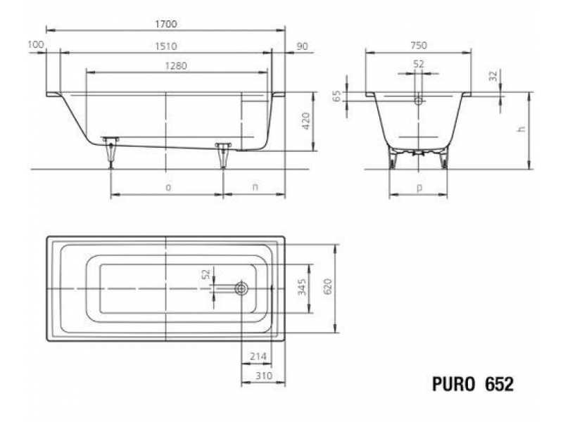 Купить Стальная ванна Kaldewei Puro мод. 652, 170*75*42 см, anti-slip, 2562.3000.0001