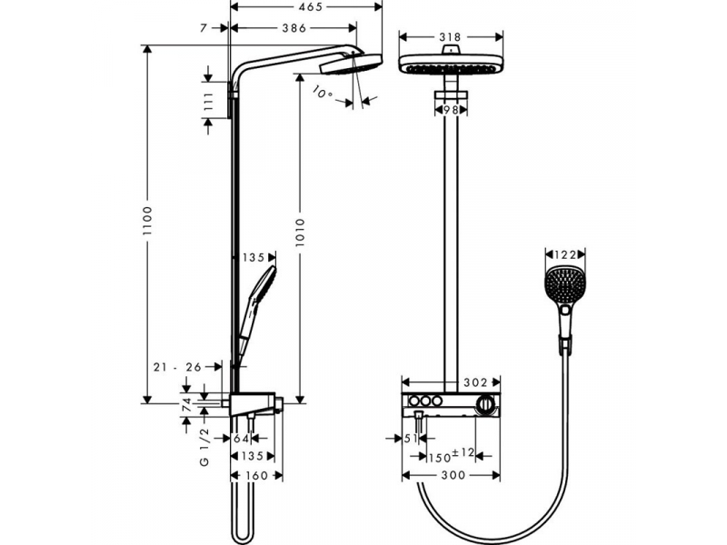 Купить Душевая система с кнопками управления Hansgrohe Raindance Select E Showerpipe 300 3 jet 27127400, белый/хром