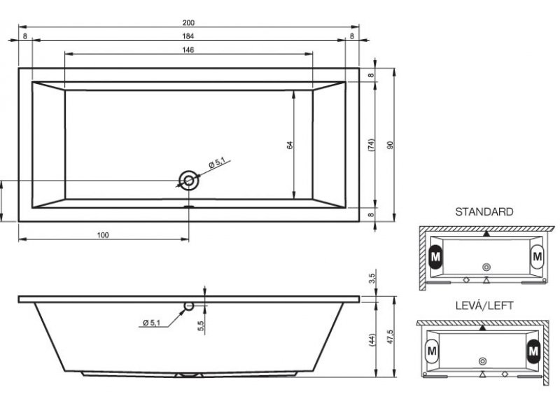 Купить Ванна гидромассажная Riho Lusso 200x90, AIR2