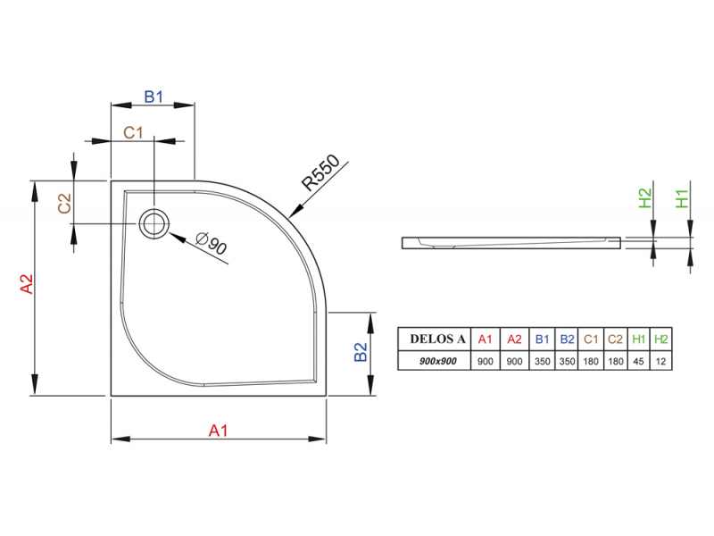 Купить Поддон для душа Radaway Delos A900, 90 x 90 см, четверть круга, SDA0909-01