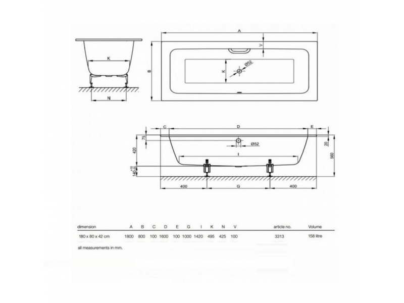 Купить Ванна стальная Bette One 3313-000 PLUS AR 180 х 80 х 42 см с шумоизоляцией, с BetteGlasur ® Plus, антислип, белая (для удлиненного слива-перелива)