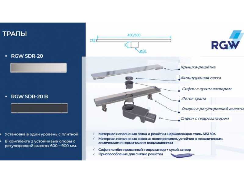 Купить Дренажный канал RGW Shower Drain SDR-20B, 80 см, решетка черная, 47212080-04