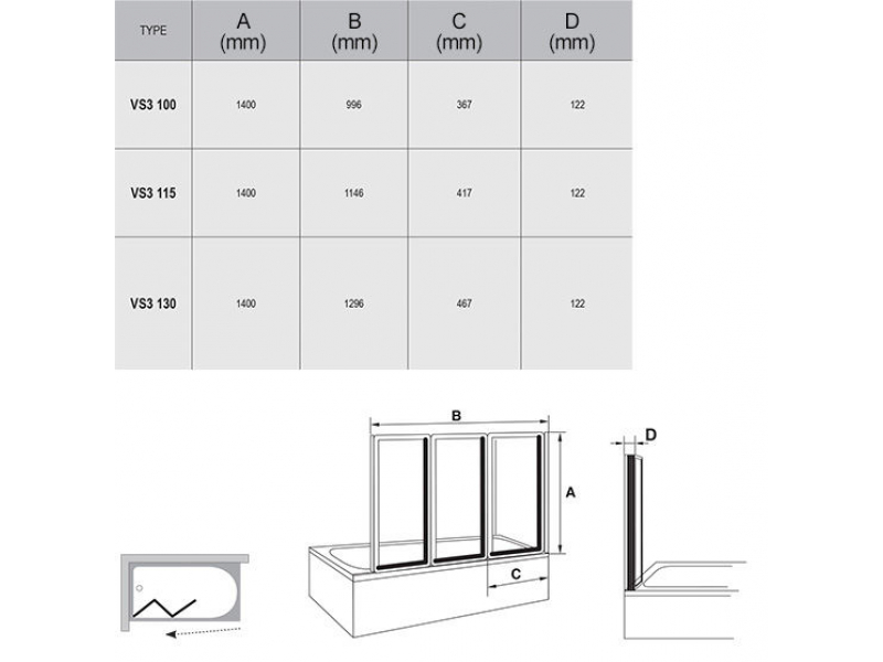 Купить Шторка на ванну Ravak VS3 115, профиль сатин, витраж полистирол рейн, 795S0U0041