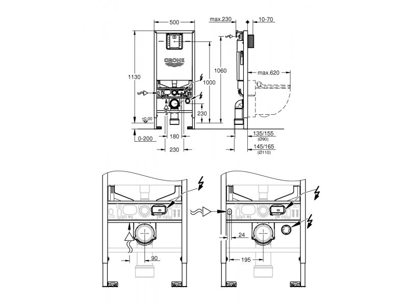 Купить Инсталляция Grohe с безободковым унитазом Sensia Arena, 120173, с функцией биде, клавиша альпийский белый, комплект