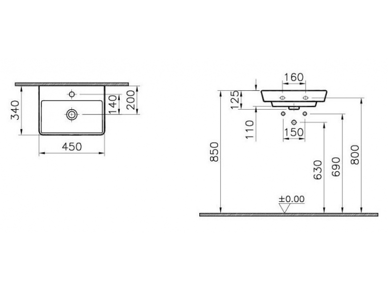 Купить Раковина Vitra T4 4450B003-0041 45 см подвесная, 1 отверстие для смесителя, без перелива