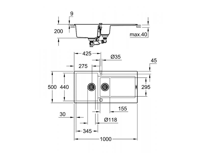 Купить Мойка кухонная из искусственного гранита Grohe K500, 31646AT0, 100 x 50 см, с корзинчатым фильтром и донным клапаном, серый гранит