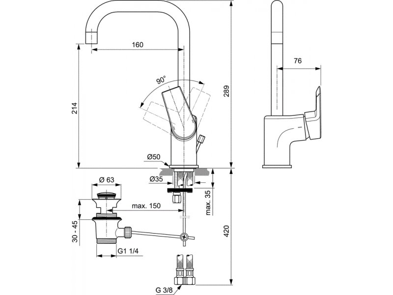 Купить Смеситель для раковины Ideal Standard Tesi A6571AA с донным клапаном