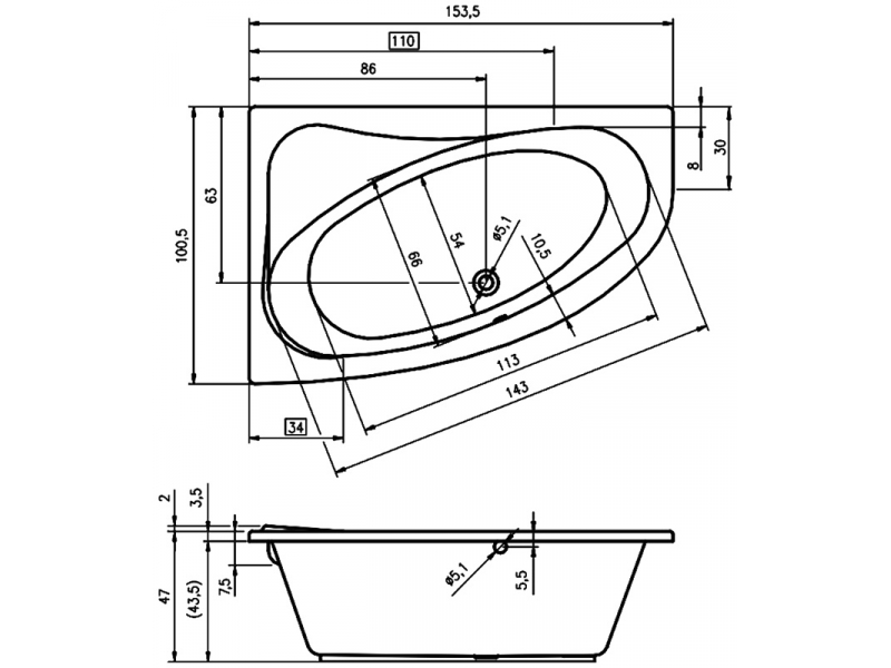 Купить Ванна акриловая Riho Lyra 153 x 100 см, левая/правая (BA6700500000000)