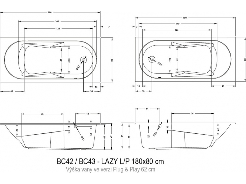 Купить Акриловая ванна Riho Lazy BC4300500000000/BC4200500000000 L/R 180 x 80 см