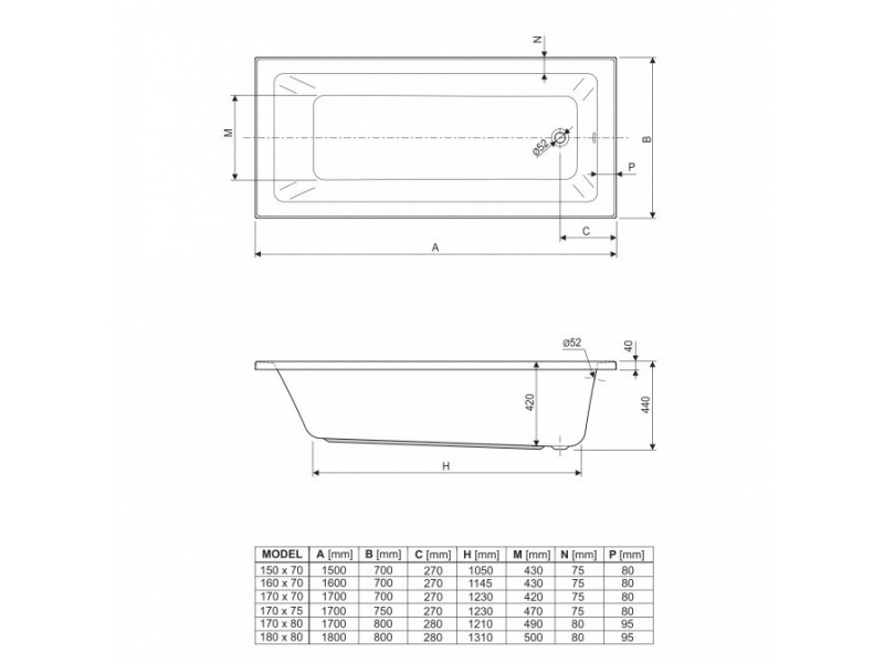 Купить Ванна акриловая Cezares Plane Solo Mini-170-80-42 170 x 80 x 42 см