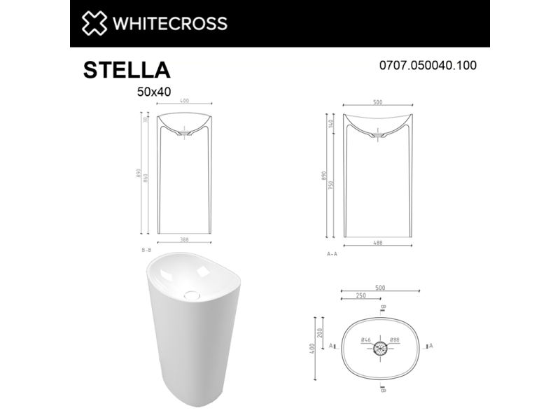 Купить Раковина Whitecross Stella, 50 х 40 см, напольная, белый глянец, 0707.050040.100