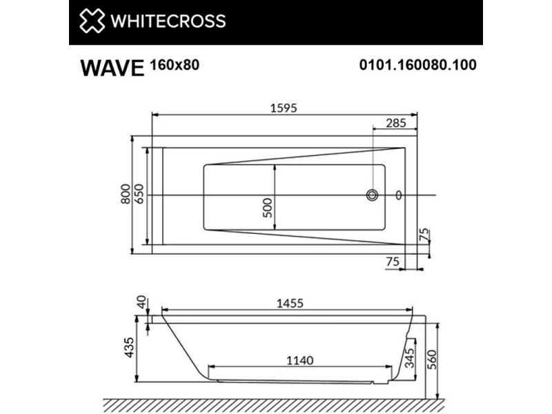 Купить Ванна акриловая Whitecross Wave, 160 х 80 см, увеличенная толщина акрила, усиленная армировка, 0101.160080.100