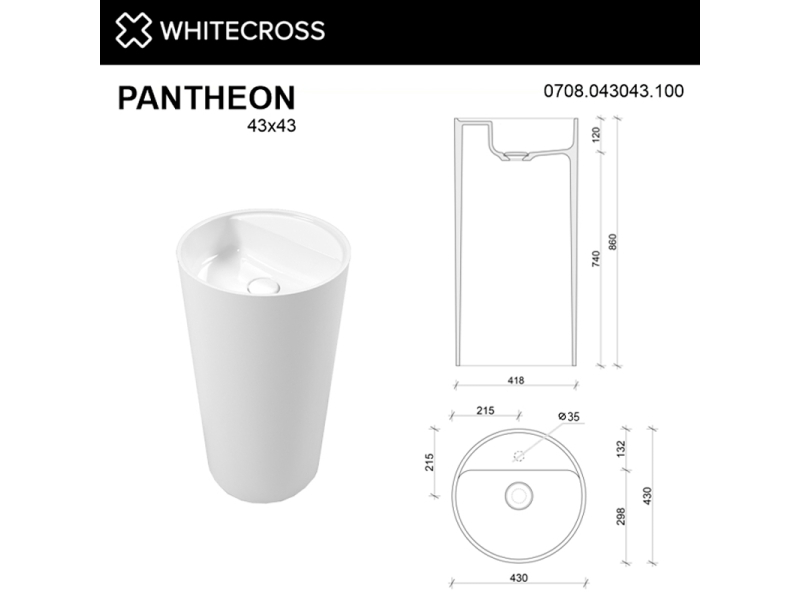 Купить Раковина Whitecross Pantheon, 43 х 43 см, напольная, белый матовый, 0708.043043.200