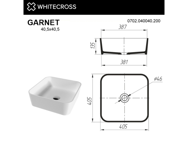 Купить Раковина Whitecross Garnet, 40,5 х 40,5 см, накладная, белый матовый, 0702.040040.200