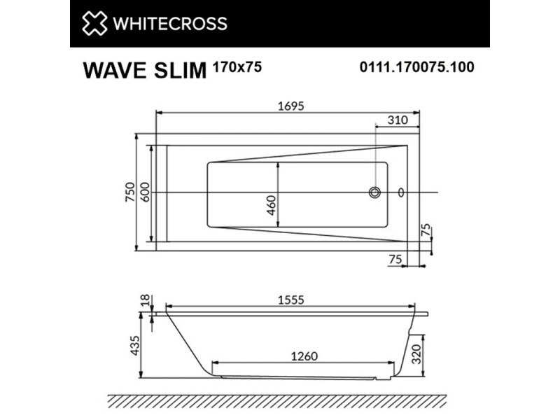 Купить Ванна гидромассажная Whitecross Wave Slim Soft, 170 х 75 см, белая/золото, 0111.170075.100.SOFT.GL